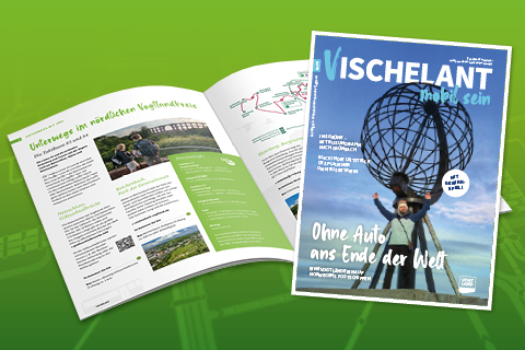 Titelbild der aktuellen vischelant-Ausgabe; im Hintergrund ist eine Seite des Magazins aufgeklappt.